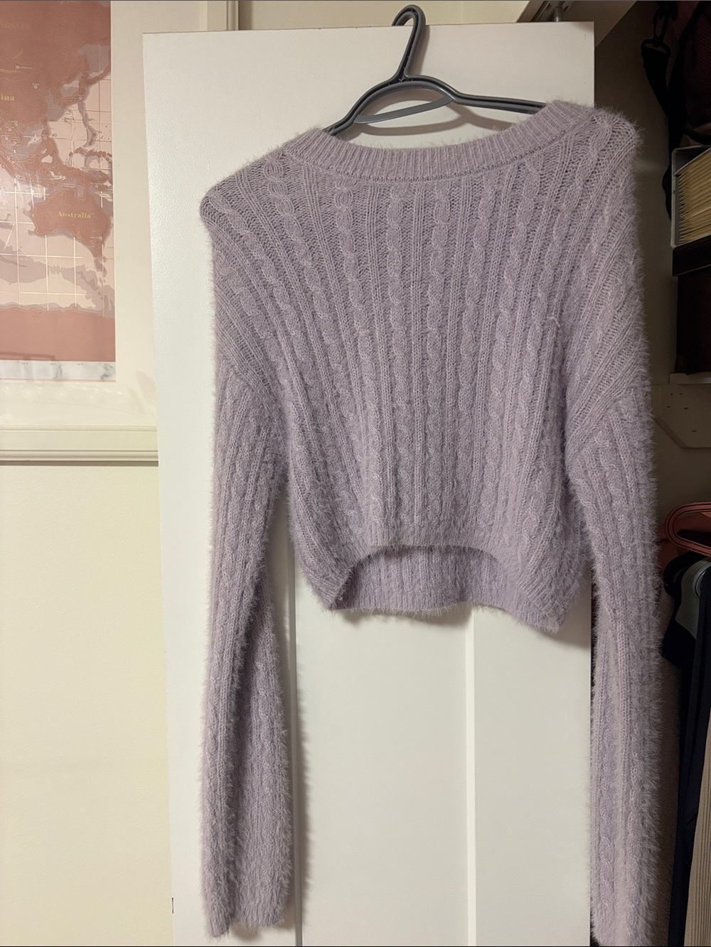 Lilac Fuzzy Cable-Knit Cropped Sweater - Women